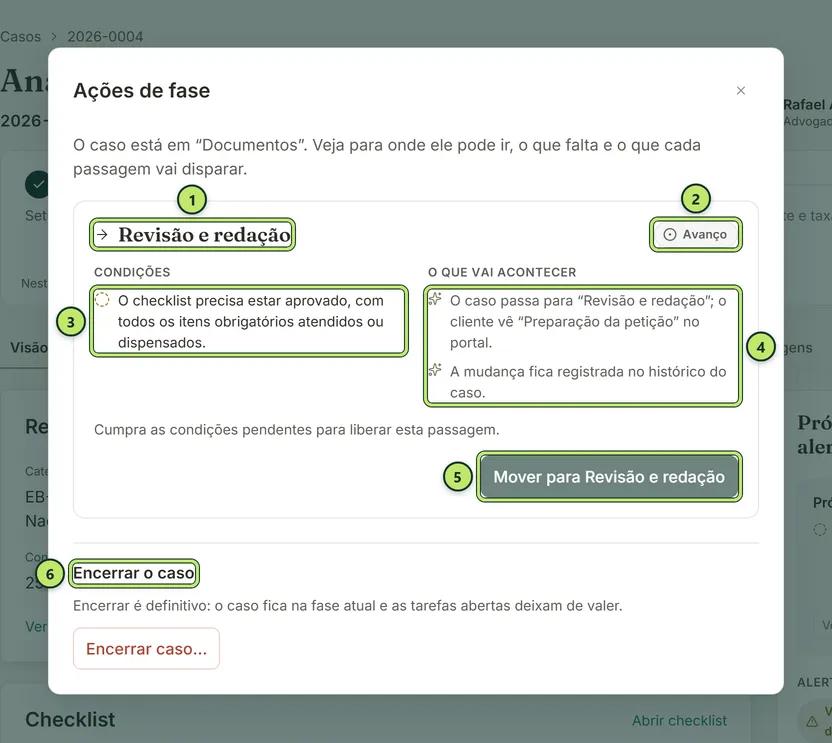 Diálogo Ações de fase com a passagem para a fase seguinte, as condições com a situação de cada uma, o que vai acontecer e o botão Mover para