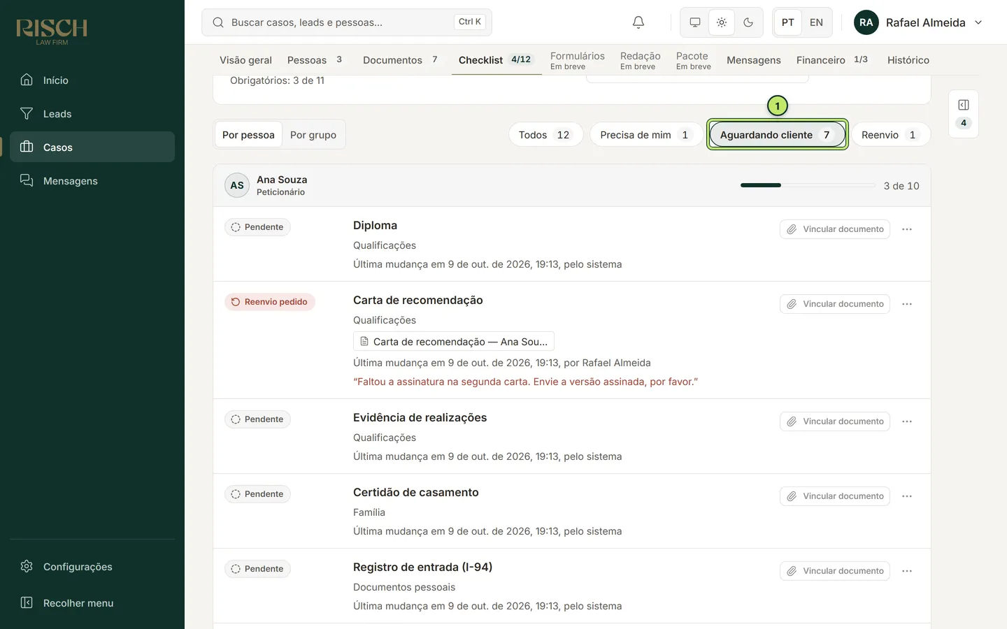 Checklist filtrado por Aguardando cliente, mostrando só os itens pendentes e com reenvio pedido