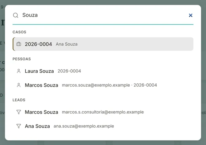 Janela de busca com o termo Souza: um caso, duas pessoas e dois leads encontrados