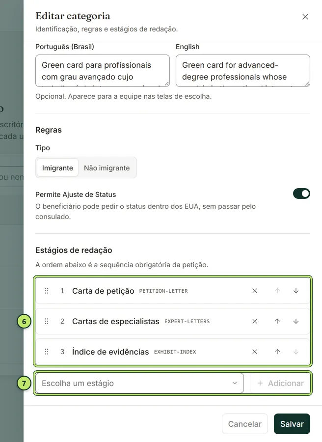 Bloco Estágios de redação da categoria EB-2 NIW com três estágios em ordem e a caixa para adicionar outro