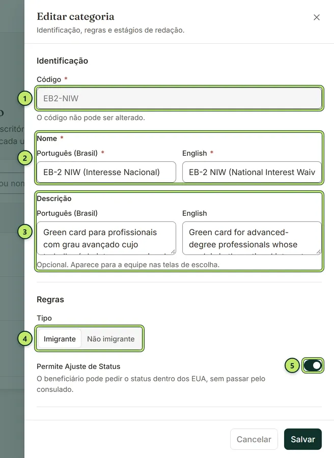 Gaveta Editar categoria da EB-2 NIW com código, nome e descrição em português e inglês, tipo Imigrante e a chave Permite Ajuste de Status ligada