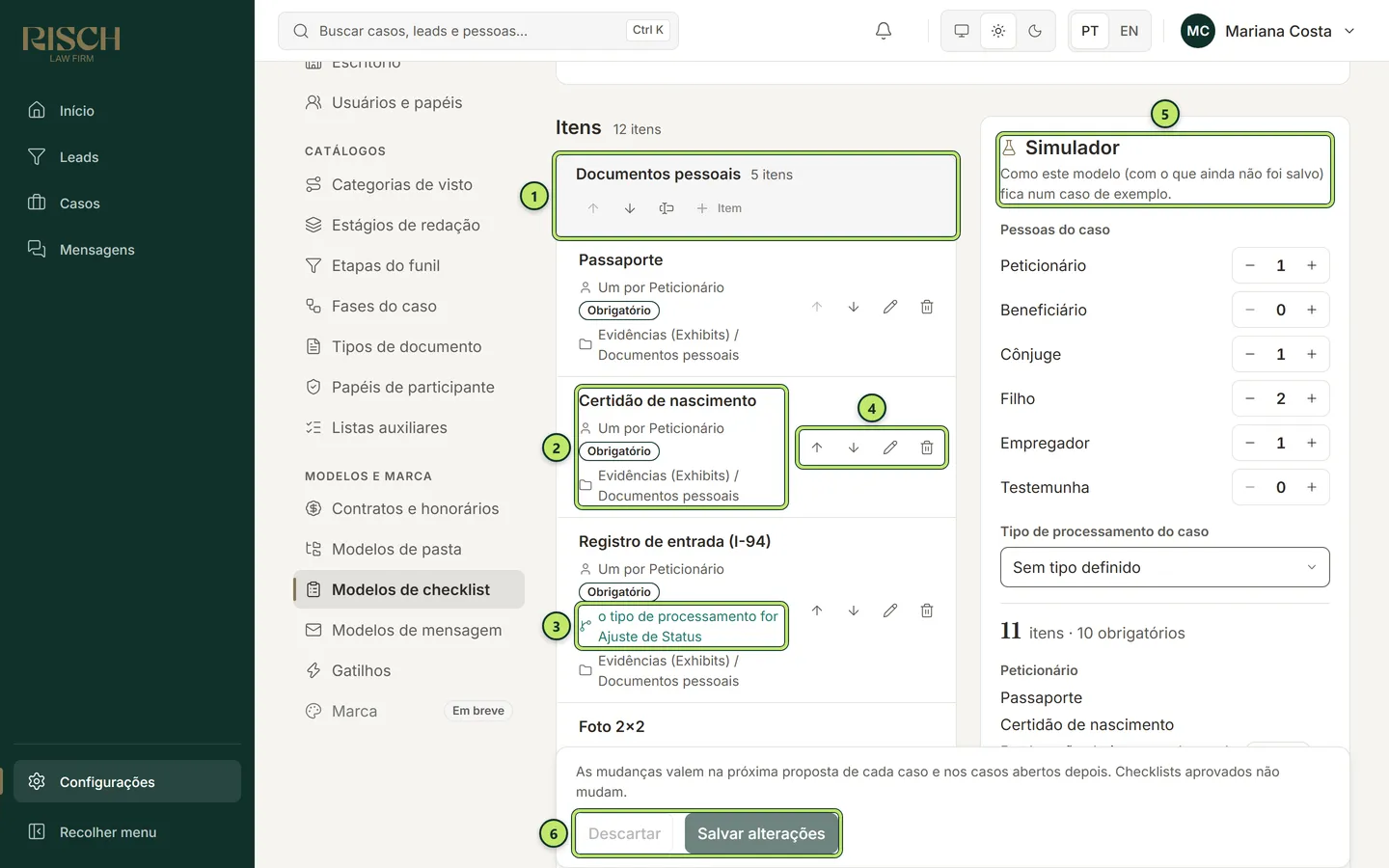 Editor do modelo de checklist EB-2 NIW com os itens organizados em grupos à esquerda, o simulador à direita e a barra para salvar no pé