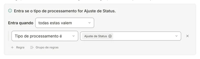 Bloco Quando entra do item I-94 com a regra Tipo de processamento é Ajuste de Status e o resumo Entra se o tipo de processamento for Ajuste de Status