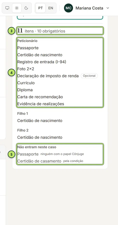 Resultado do simulador: os itens de cada pessoa e a lista Não entram neste caso, com o passaporte do cônjuge e a certidão de casamento