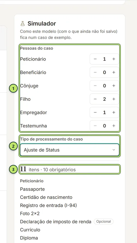 Simulador com as pessoas do caso de exemplo, sem cônjuge, o tipo de processamento Ajuste de Status e o total de itens