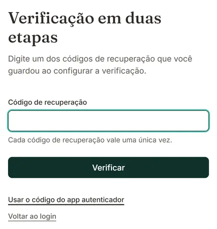 Tela Verificação em duas etapas no modo de código de recuperação, com o campo Código de recuperação e o aviso de que cada código vale uma única vez