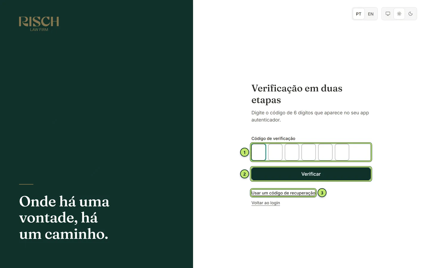 Tela Verificação em duas etapas com os seis quadradinhos do código, o botão Verificar e o link Usar um código de recuperação