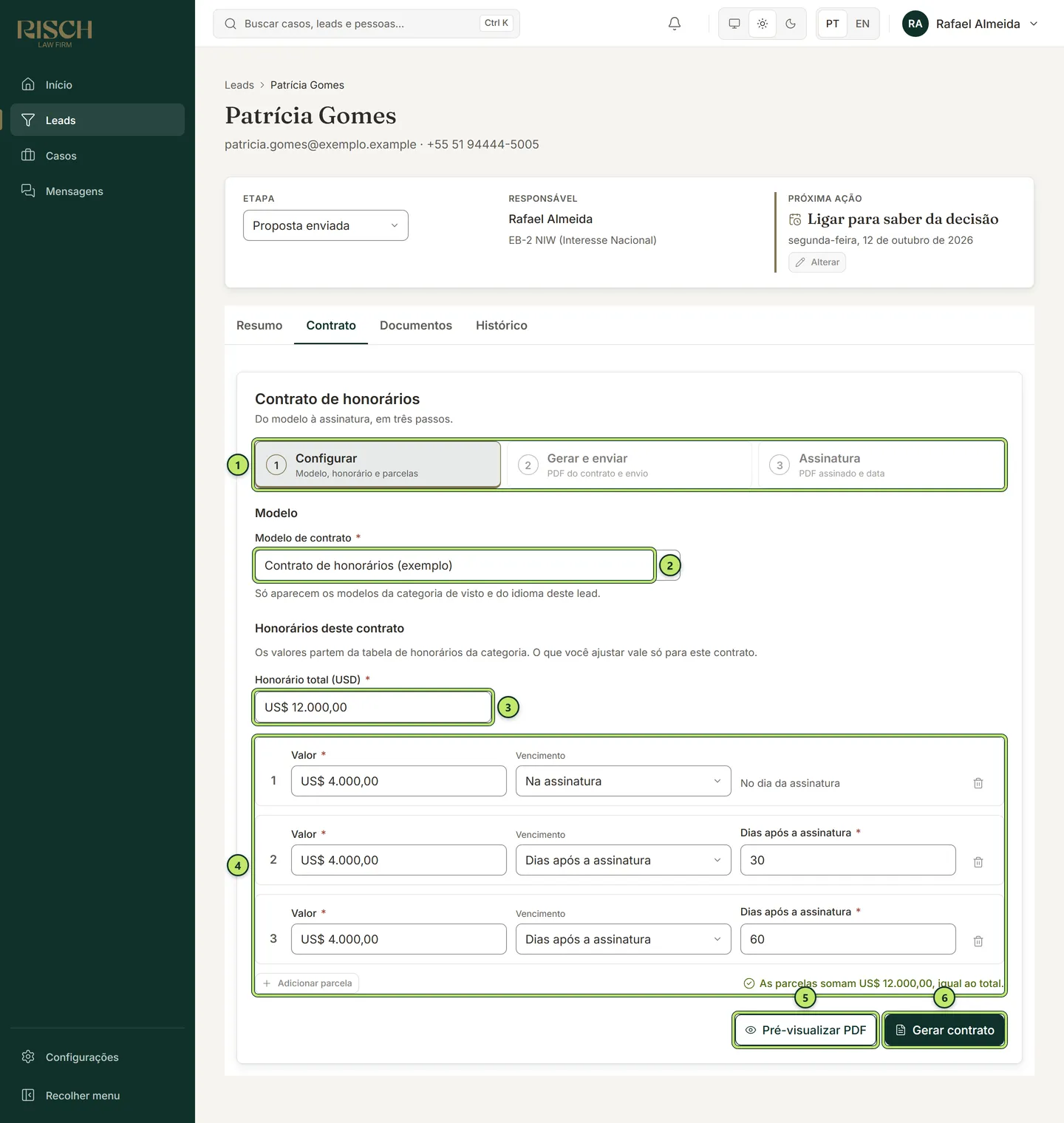 Aba Contrato no passo Configurar, com o modelo, o honorário total, as parcelas e os botões Pré-visualizar PDF e Gerar contrato