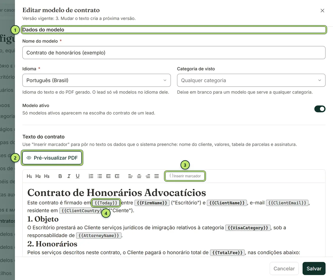 Gaveta Editar modelo de contrato com os dados do modelo, o botão Pré-visualizar PDF e o editor de texto com marcadores destacados