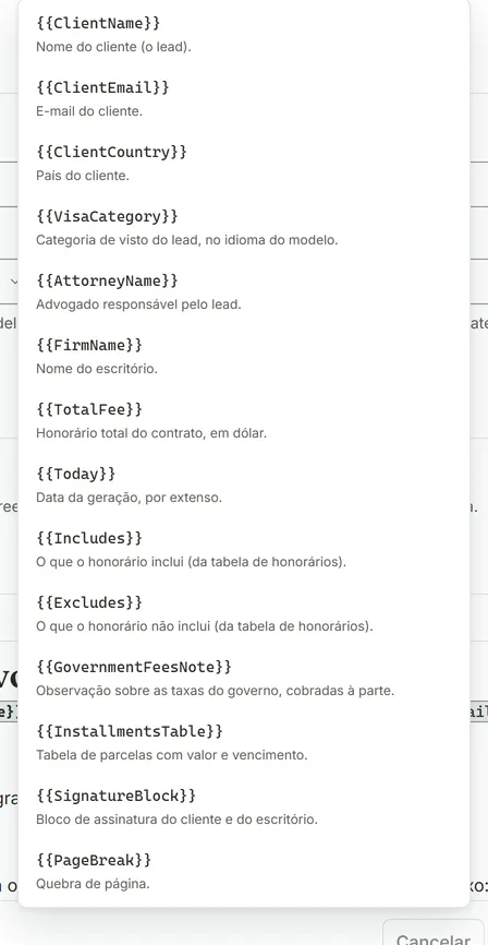 Lista do botão Inserir marcador com cada marcador e a sua explicação