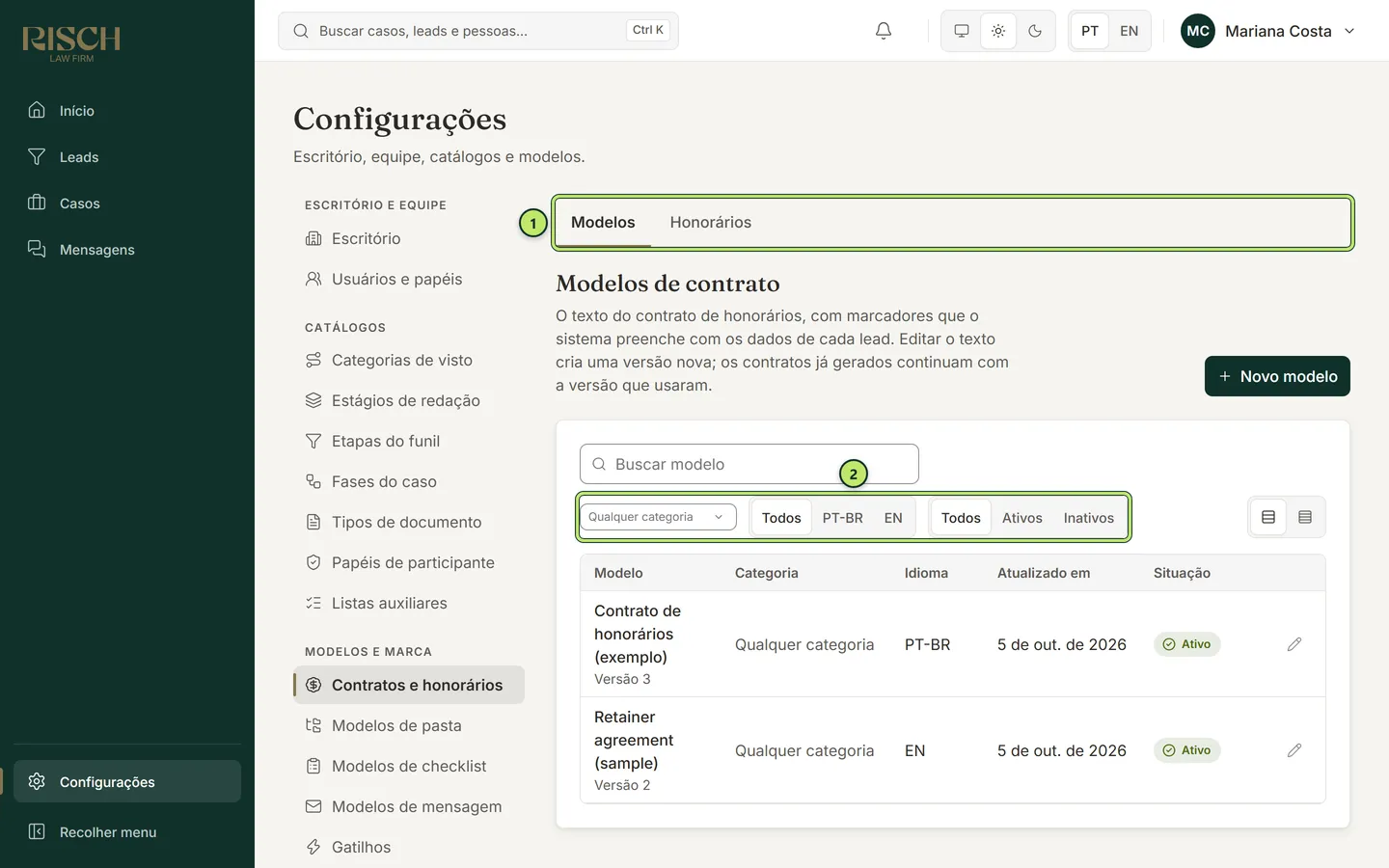Aba Modelos de contrato com a lista de modelos, a versão de cada um, a categoria, o idioma, a data de atualização e a situação