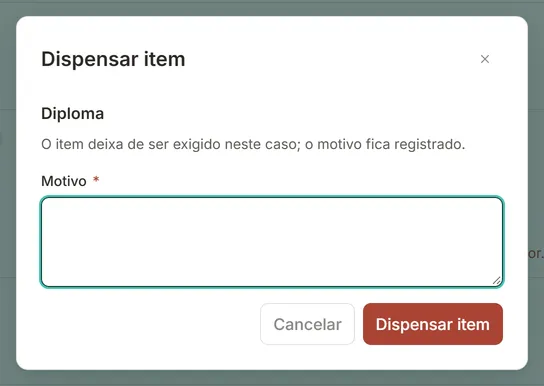 Janela Dispensar item do Diploma, com o campo Motivo