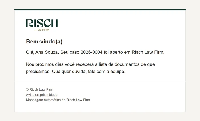 E-mail Seu caso 2026-0004 foi aberto, com a saudação Bem-vindo(a) para Ana Souza