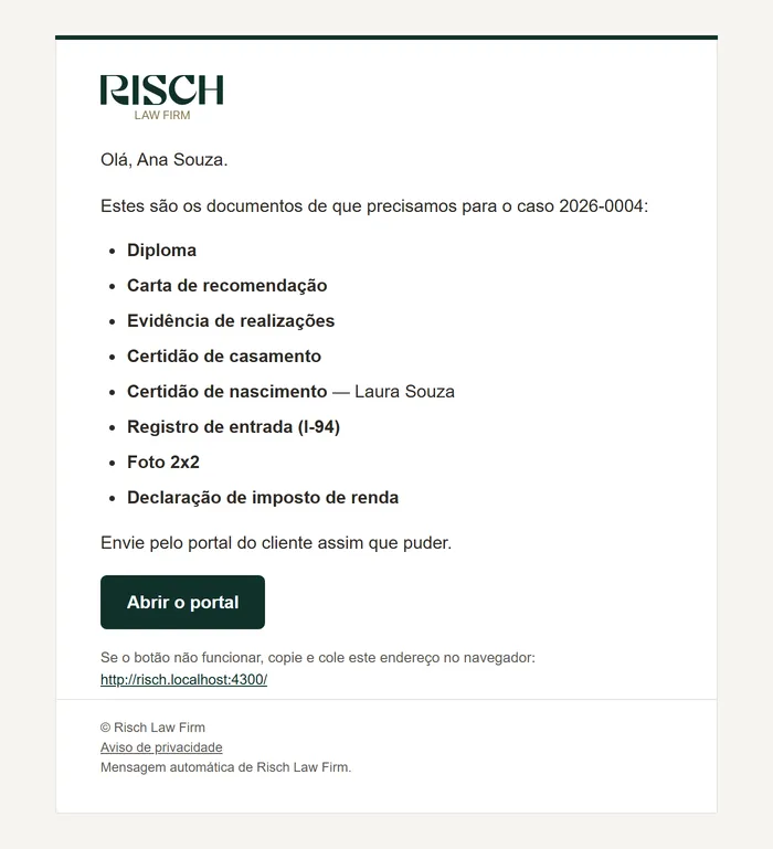 E-mail Documentos para o caso 2026-0004 com a lista de documentos pendentes da Ana Souza