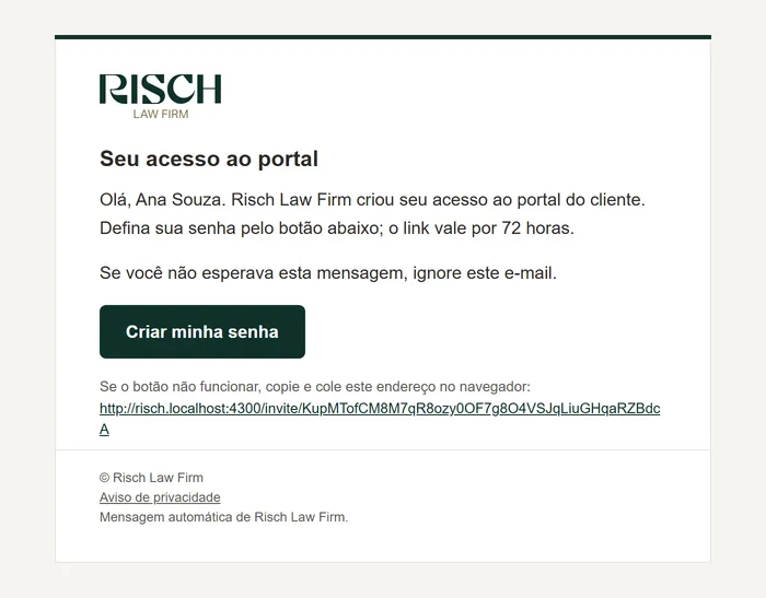 E-mail Seu acesso ao portal de Risch Law Firm, com o botão Criar minha senha