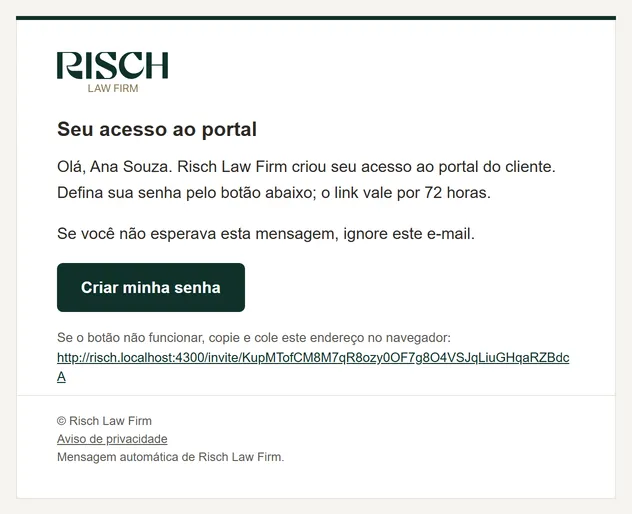 E-mail de convite para o portal com o logotipo do escritório, a mensagem Seu acesso ao portal e o botão Criar minha senha