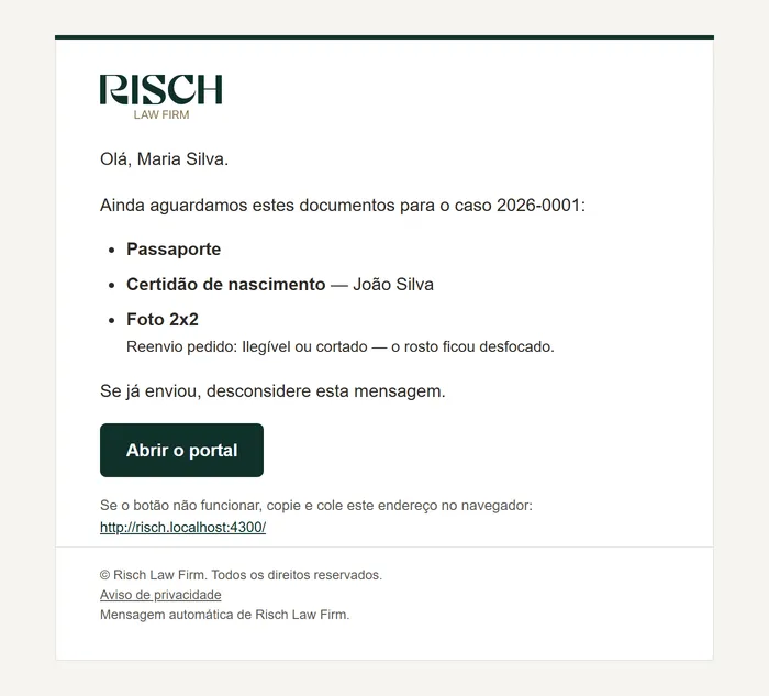E-mail de lembrete de documentos pendentes, com dados de exemplo