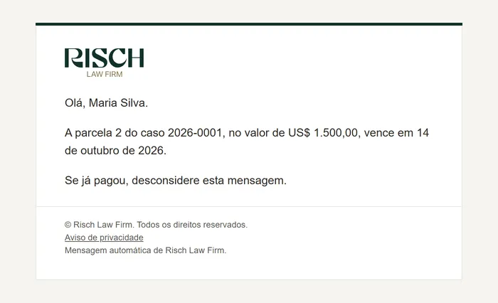 E-mail avisando que a parcela 2 vence em breve, com o valor e a data, com dados de exemplo