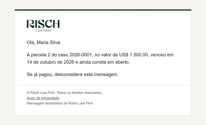 E-mail avisando que a parcela 2 está em aberto depois do vencimento, com dados de exemplo