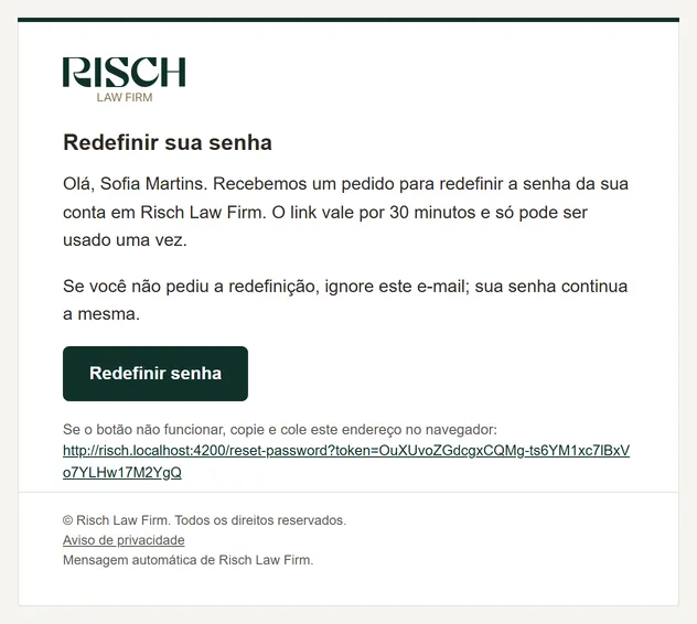 E-mail de redefinição de senha com o logotipo do escritório e o botão para criar uma nova senha