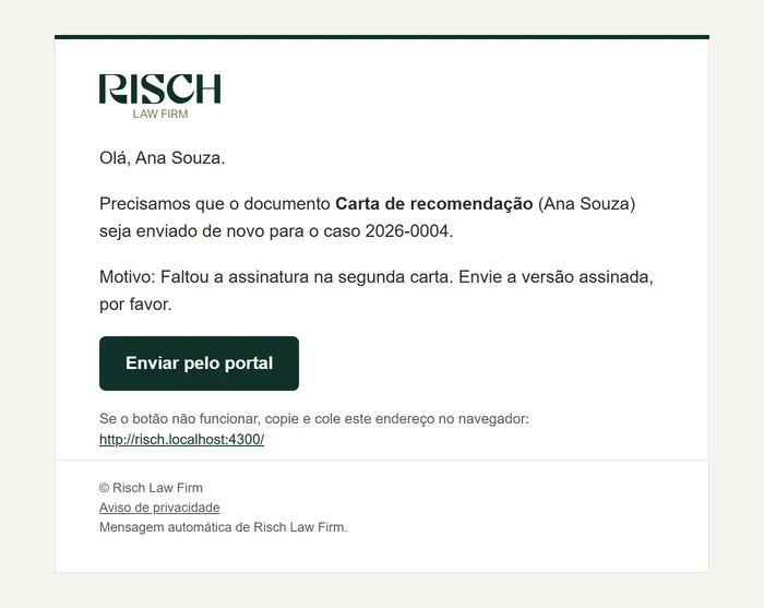 E-mail Precisamos de um novo envio: Carta de recomendação, com o motivo do pedido