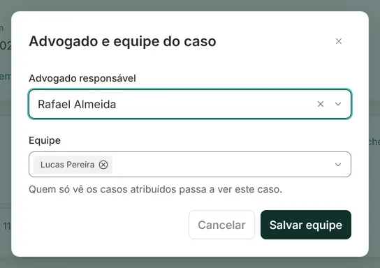 Janela Advogado e equipe do caso com os campos Advogado responsável e Equipe e o botão Salvar equipe
