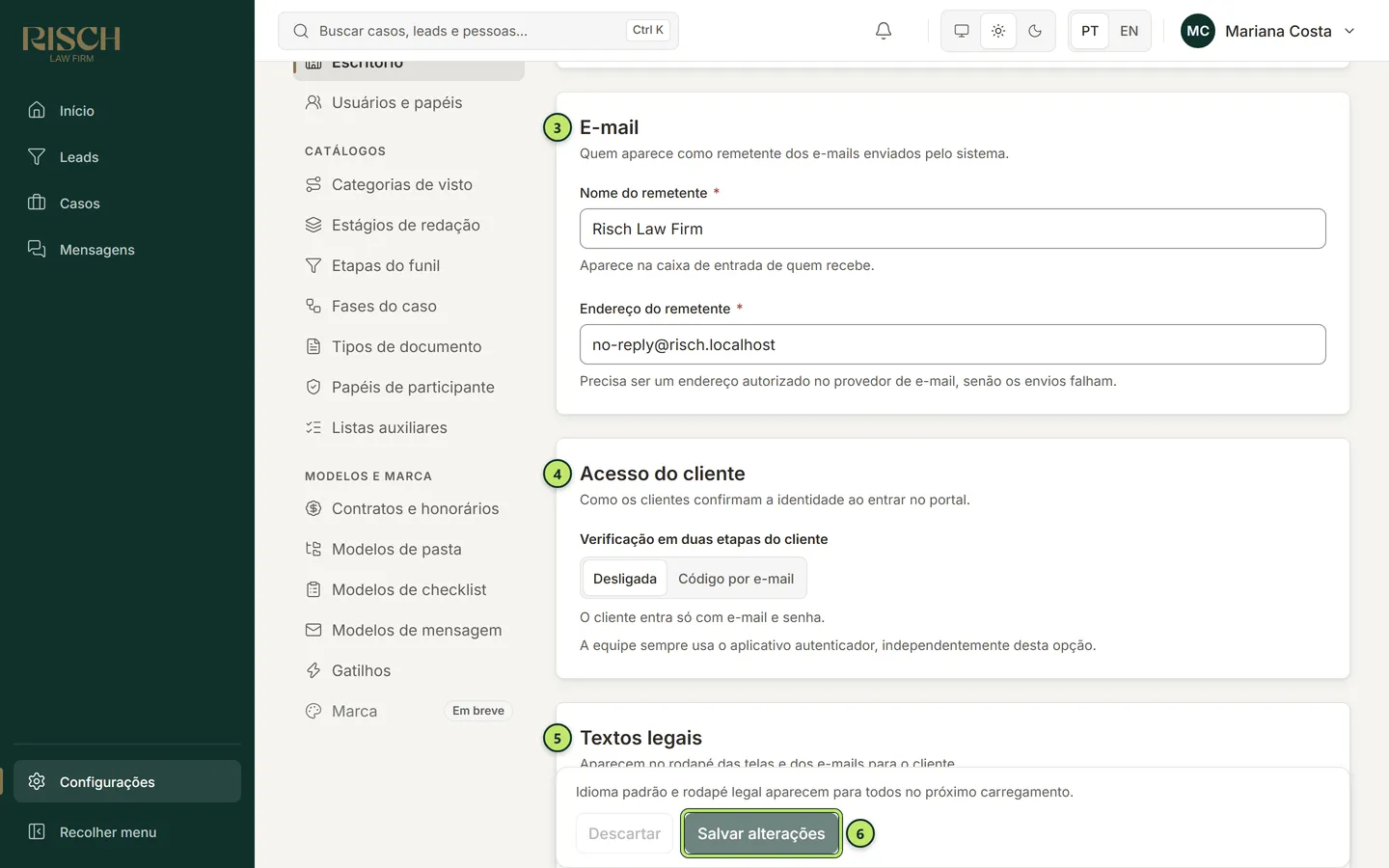 Continuação da seção Escritório com os blocos E-mail, Acesso do cliente e Textos legais e a barra para salvar