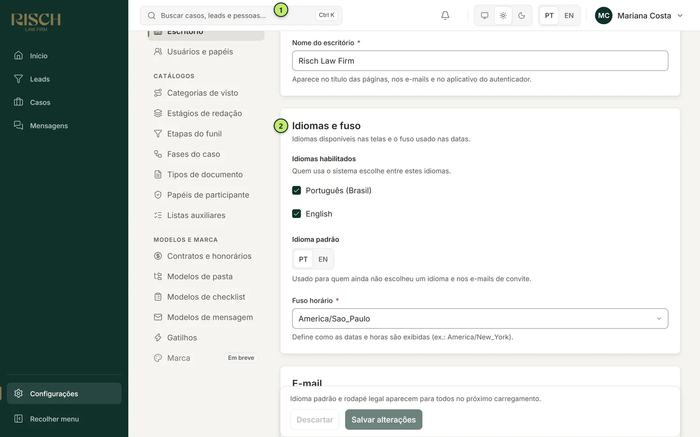 Seção Escritório com os blocos Identificação e Idiomas e fuso