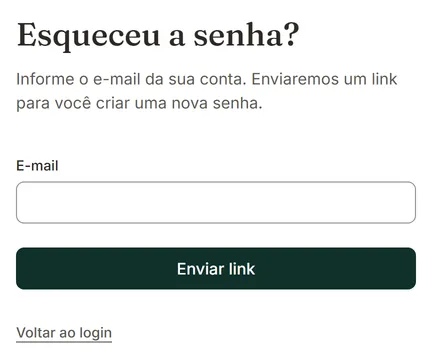 Tela Esqueceu a senha? com o campo E-mail e o botão Enviar link