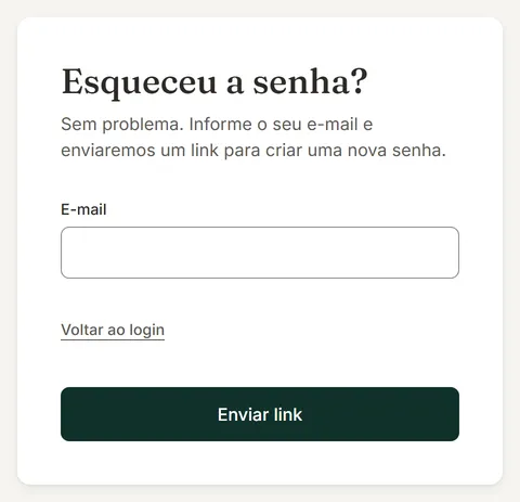 Tela Esqueceu a senha? do portal com o campo E-mail e o botão Enviar link