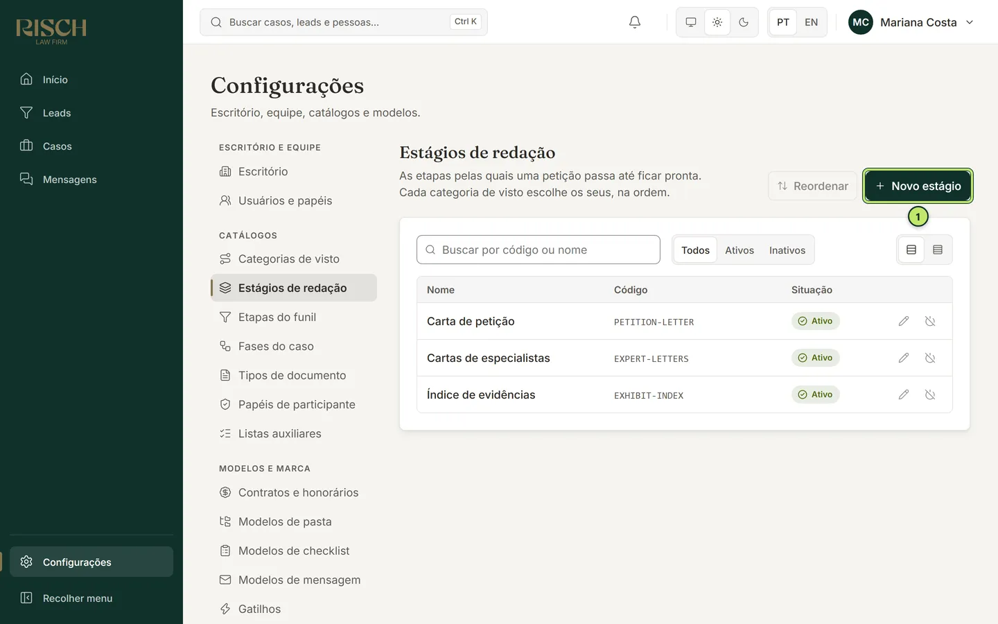 Lista de estágios de redação com Carta de petição, Cartas de especialistas e Índice de evidências