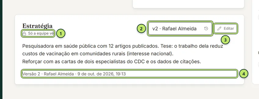 Cartão Estratégia com o aviso Só a equipe vê, o seletor de versões, o botão Editar, o texto e a linha com a versão, o autor e a data