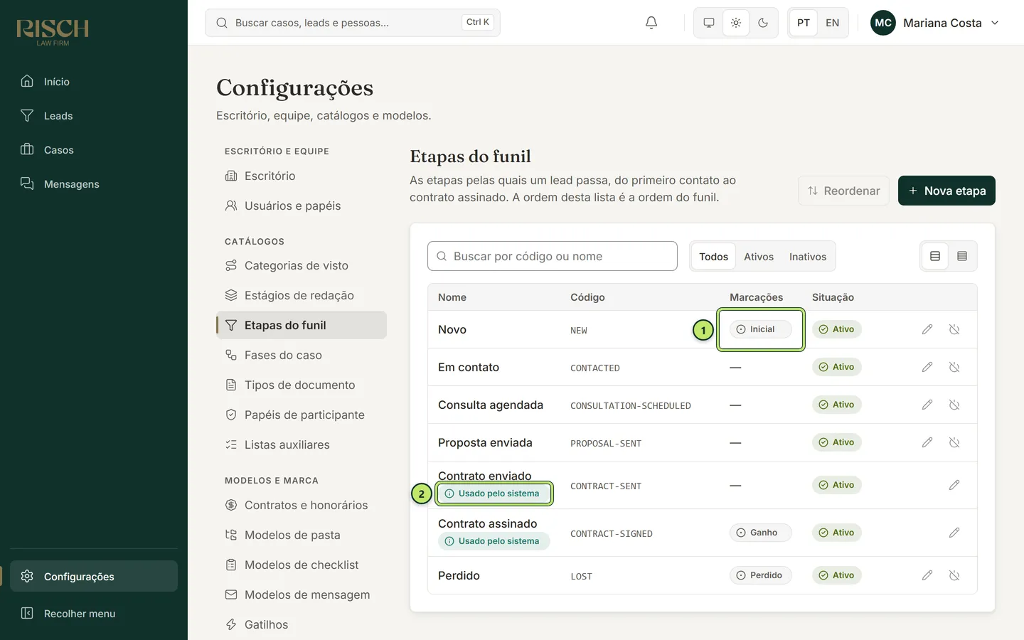 Lista das etapas do funil com as colunas Nome, Código, Marcações e Situação