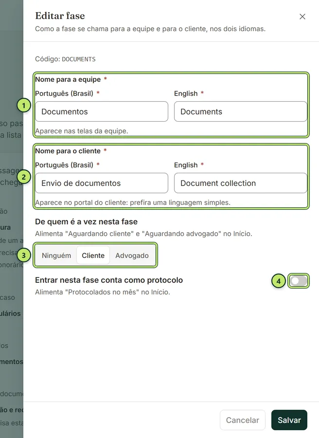 Gaveta Editar fase da fase Documentos com o nome para a equipe, o nome para o cliente, De quem é a vez nesta fase e a chave de protocolo