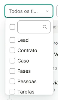 Lista de tipos de acontecimento aberta, com Lead, Contrato, Caso, Fases, Pessoas, Tarefas, Prazos, Documentos e Pagamentos