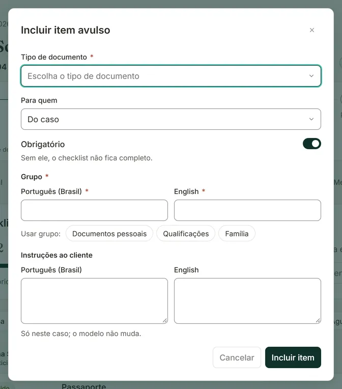 Janela Incluir item avulso com os campos Tipo de documento, Para quem, Obrigatório, Grupo e Instruções ao cliente