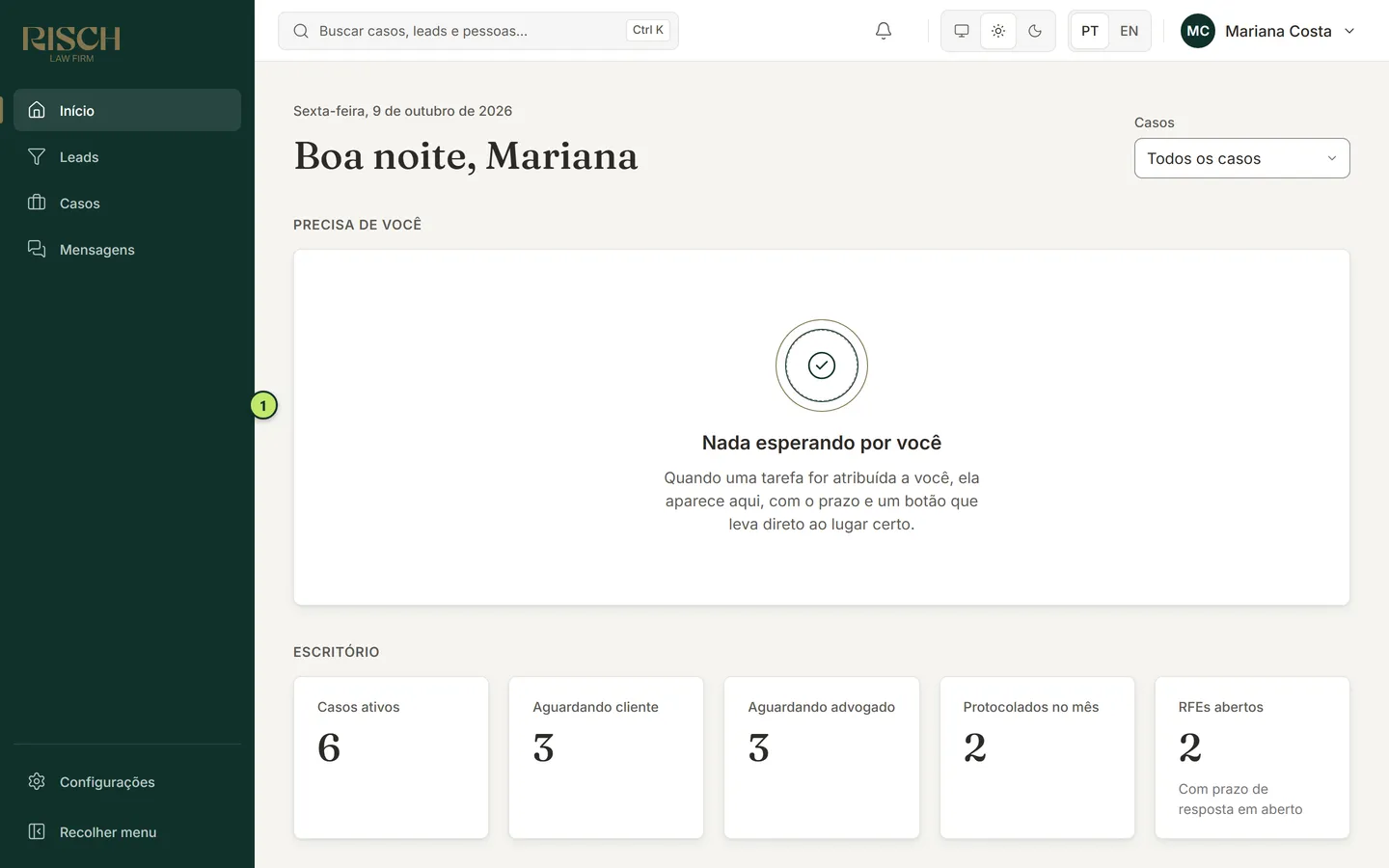 Painel inicial do Administrador com o item Configurações no menu lateral