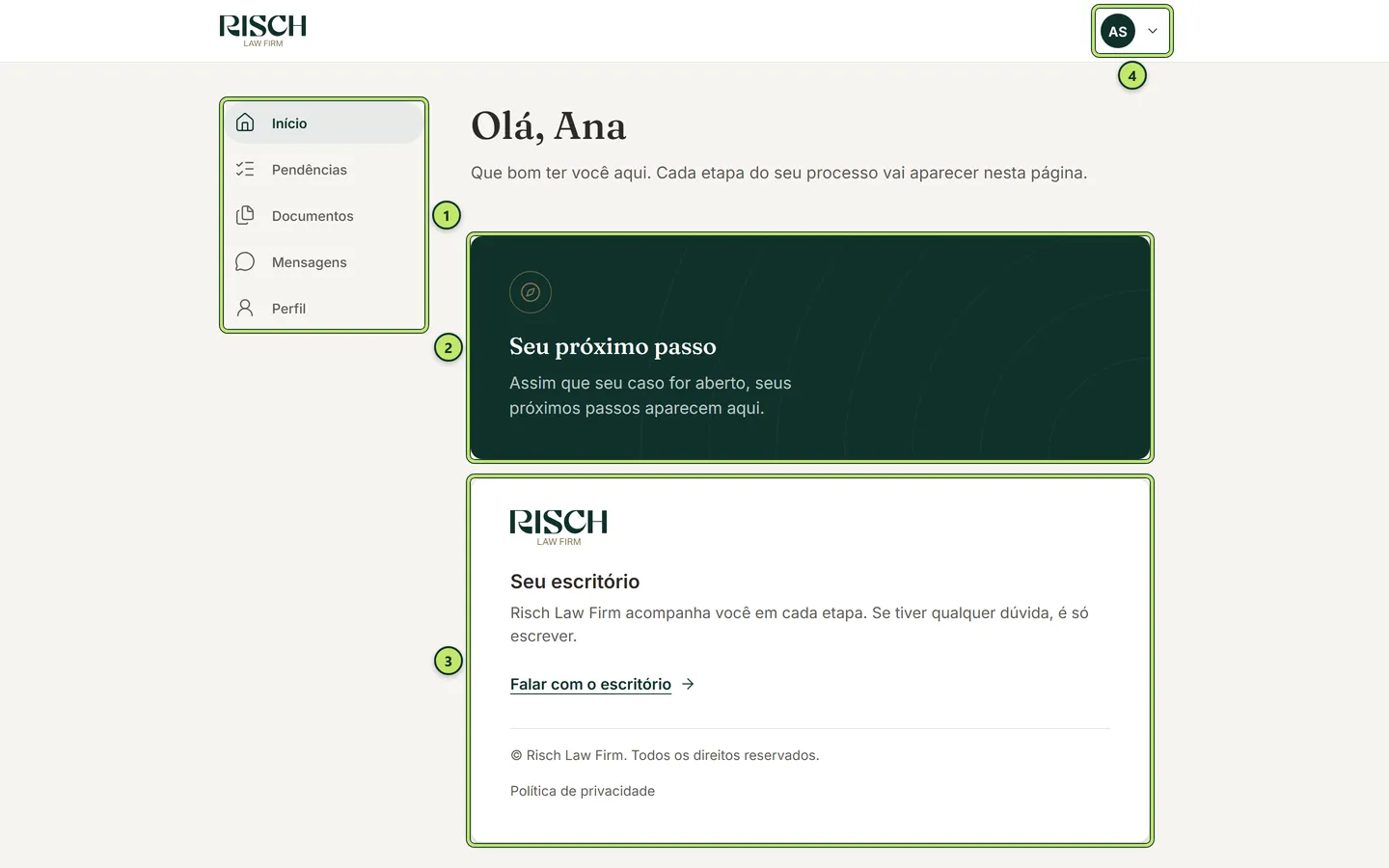 Página inicial do portal no computador, com o menu à esquerda, a saudação Olá, os cartões Seu próximo passo e Seu escritório e as iniciais do cliente no alto