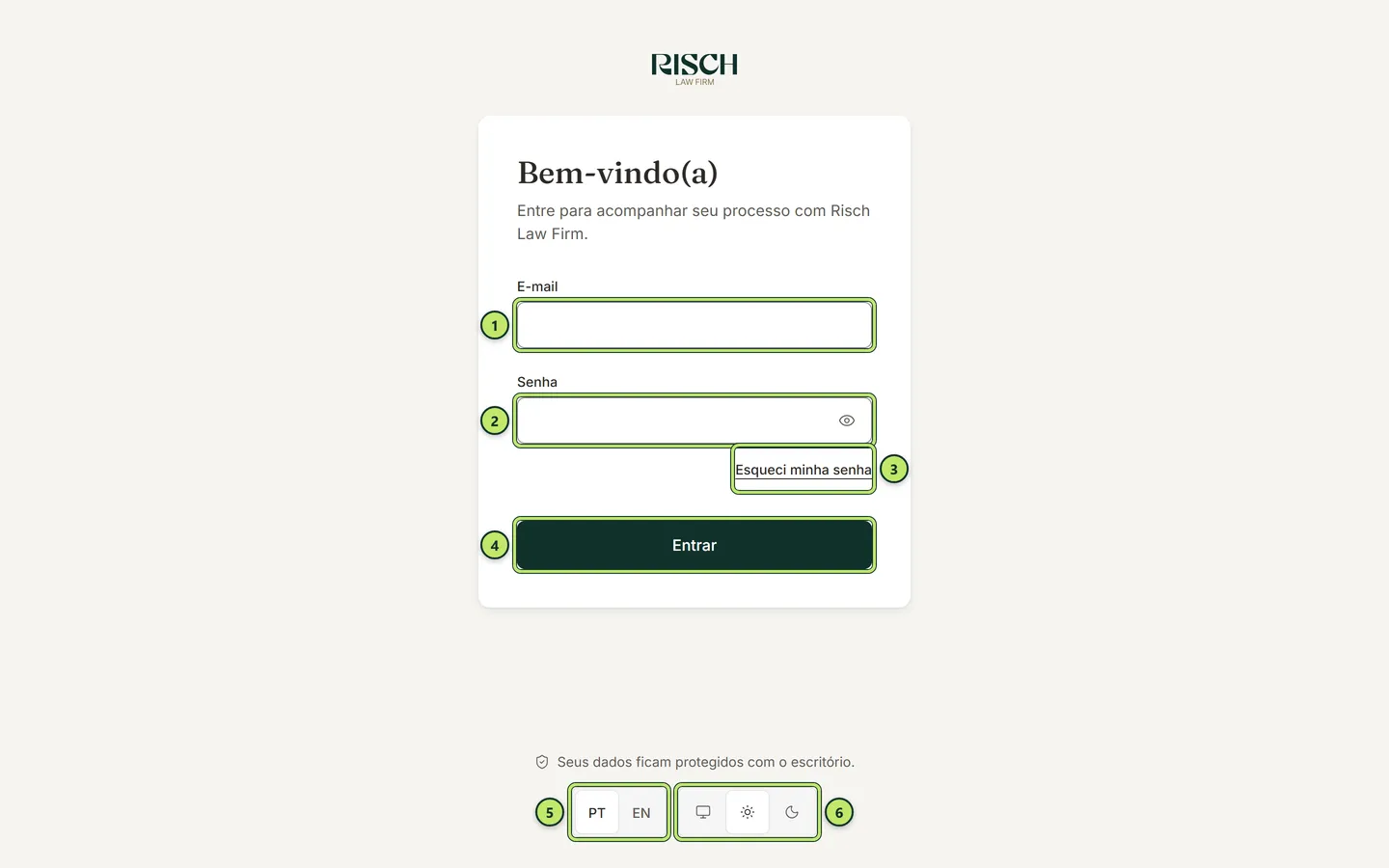 Tela de entrada do portal com o logotipo do escritório, o título Bem-vindo(a), os campos E-mail e Senha, o link Esqueci minha senha e o botão Entrar