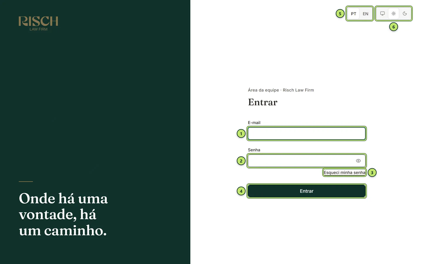 Tela de entrar da equipe com o painel da marca à esquerda e, à direita, os campos E-mail e Senha, o link Esqueci minha senha e o botão Entrar