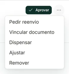 Menu Mais ações de um item enviado com Pedir reenvio, Vincular documento, Dispensar, Ajustar e Remover
