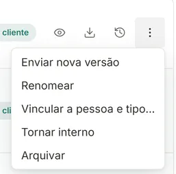 Menu Mais ações do documento com Enviar nova versão, Renomear, Vincular a pessoa e tipo, Tornar interno e Arquivar