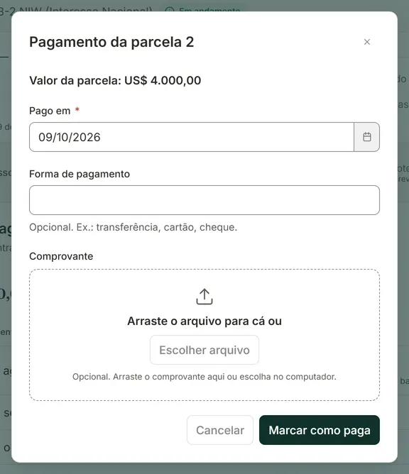 Janela Pagamento da parcela 2 com a área para arrastar o comprovante