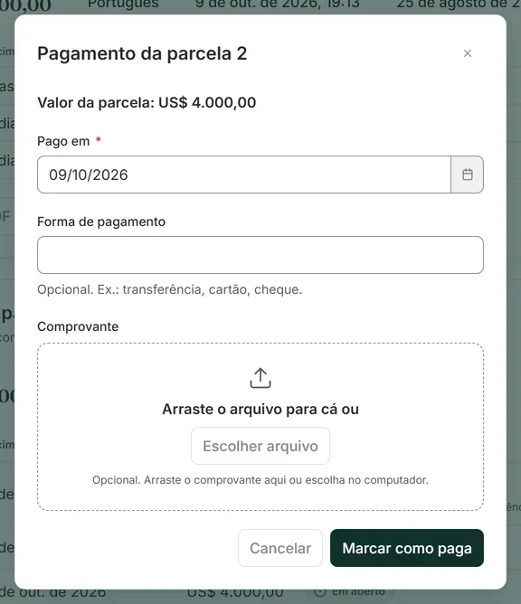 Janela Pagamento da parcela com os campos Pago em, Forma de pagamento e Comprovante e os botões Cancelar e Marcar como paga