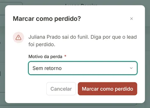 Janela Marcar como perdido com o campo Motivo da perda preenchido e os botões Cancelar e Marcar como perdido