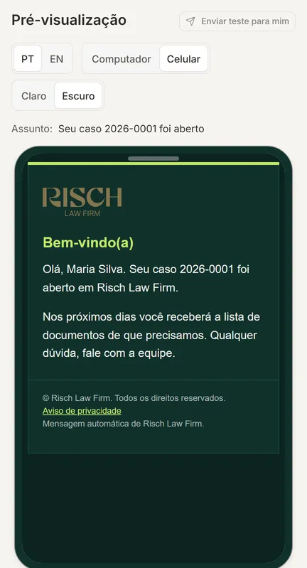 Pré-visualização do e-mail de boas-vindas num celular, com o tema escuro