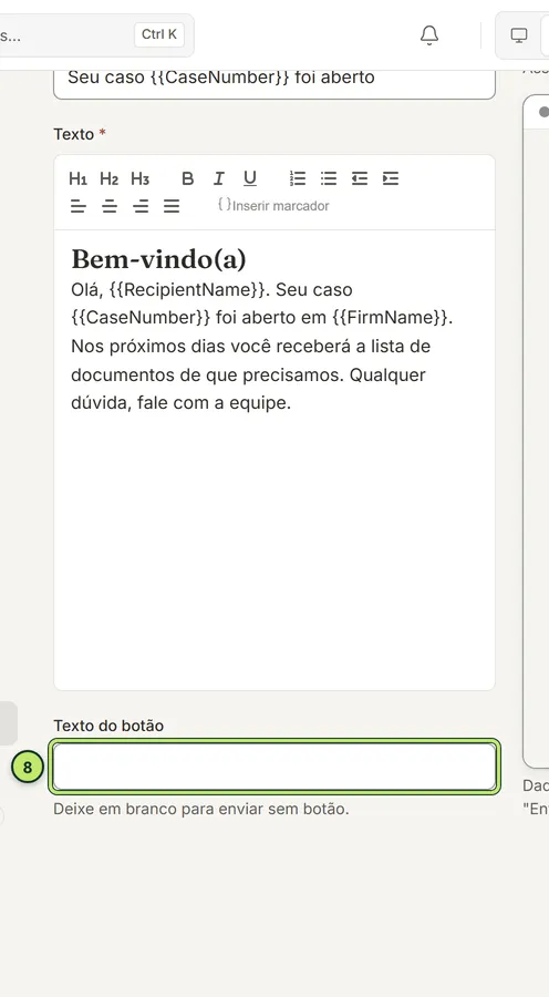 Campo Texto do botão abaixo do texto do e-mail