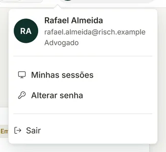 Menu da conta aberto com nome, e-mail, papel e as opções Minhas sessões, Alterar senha e Sair