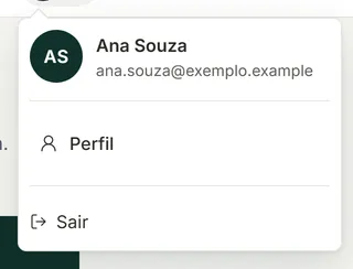 Menu da conta do portal aberto com o nome e o e-mail do cliente e as opções Perfil e Sair