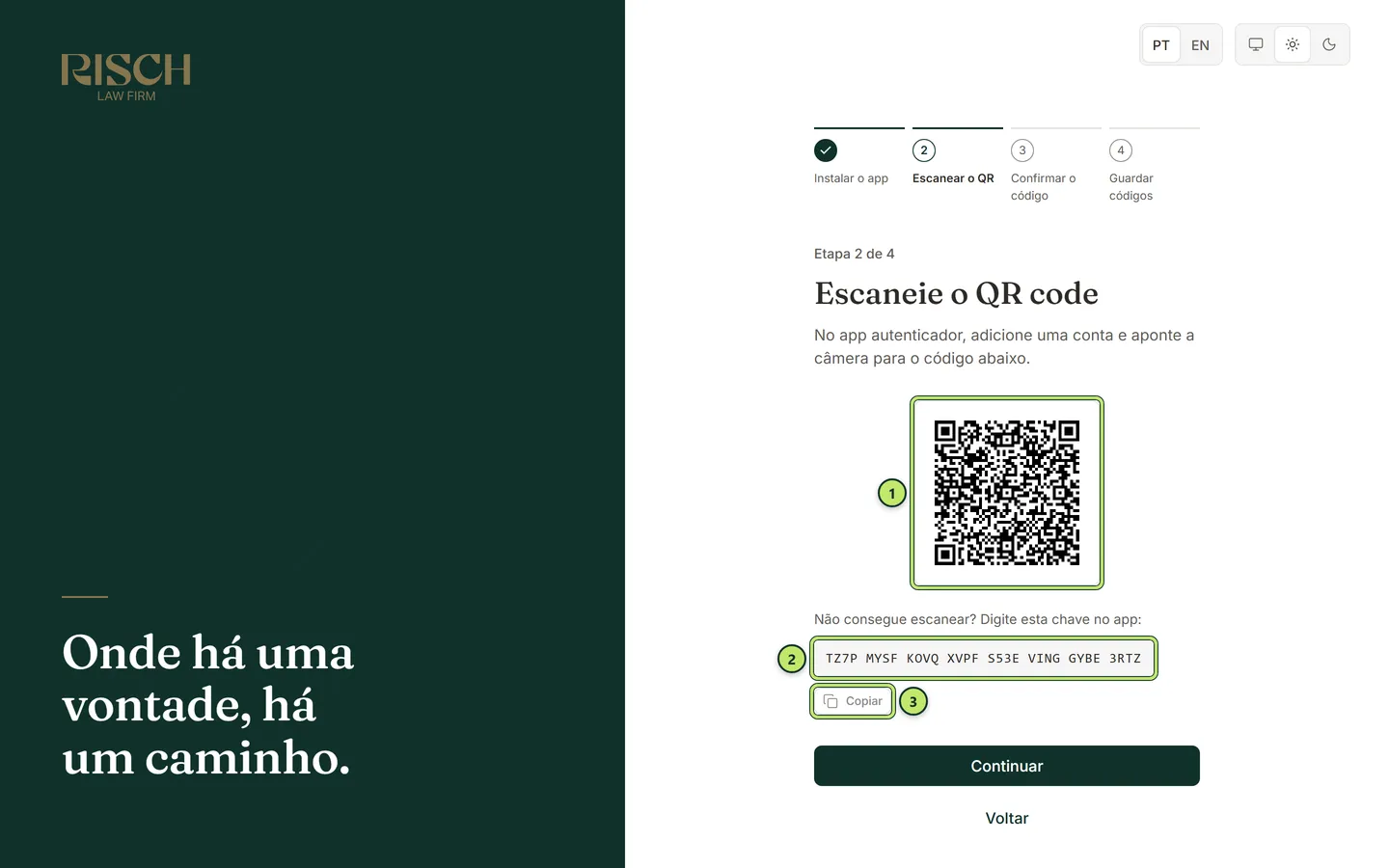 Segunda etapa, Escaneie o QR code, com o QR code, a chave para digitar e o botão de copiar
